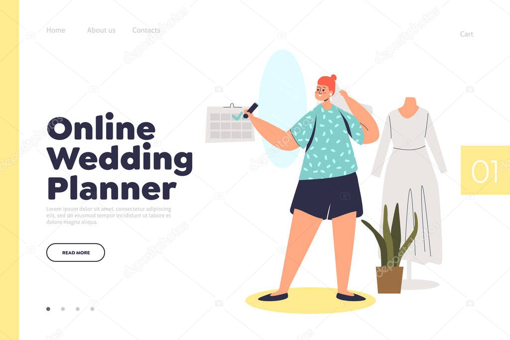 Online wedding planner website landing page with young bride preparing for wedding ceremony