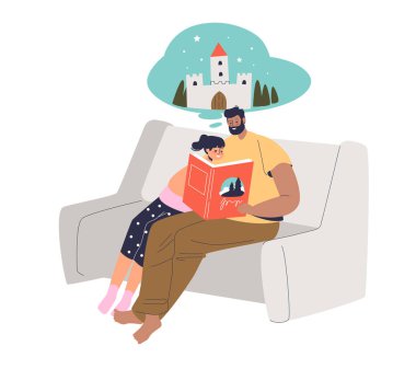 Baba, küçük kızına peri masalları anlatan bir kitap okuyor.