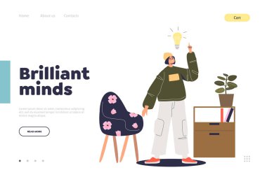 Genç adam ve ampulle parlak zeka ve yaratıcı fikir çıkarma sayfası konsepti