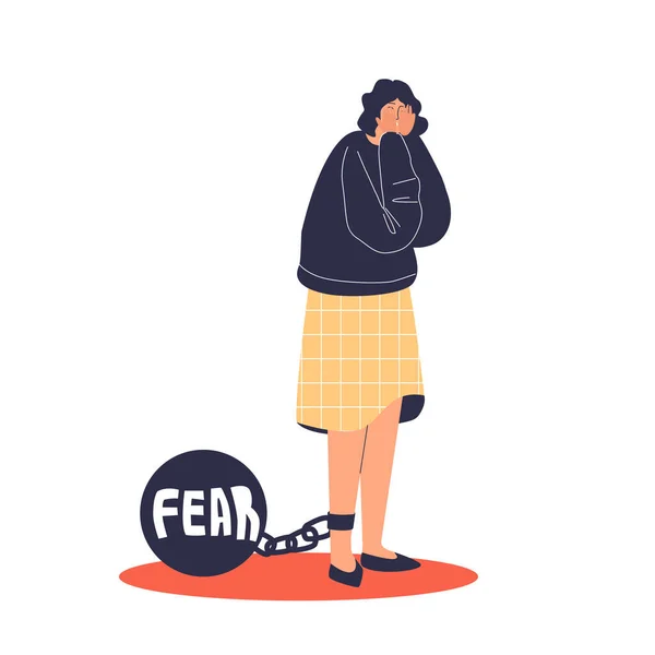 Τρομαγμένη καταθλιπτική γυναίκα με βάρος φόβου στην αλυσίδα. Τρομαγμένη γυναίκα με διαταραχή πανικού. — Διανυσματικό Αρχείο