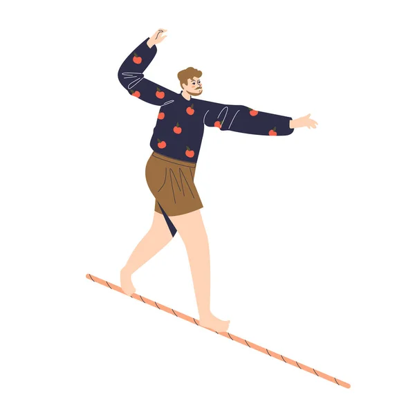 Hombre balanceándose mientras camina sobre cuerda. Deportista haciendo ejercicio en equilibrio — Vector de stock
