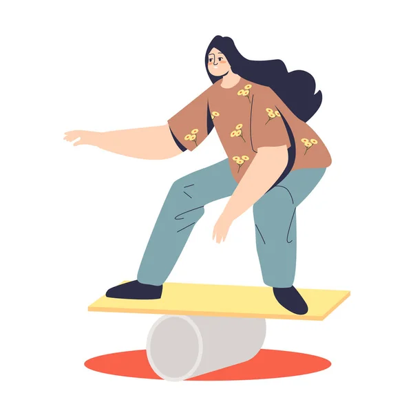 Dibujos animados femenina haciendo ejercicios de equilibrio de pie a bordo y equilibrio — Archivo Imágenes Vectoriales