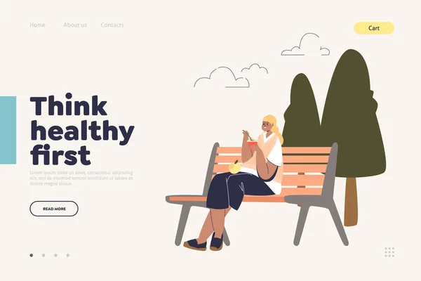 Page de destination pour manger sainement avec une fille dégustant du yaourt et des fruits frais assis sur un banc dans le parc — Image vectorielle