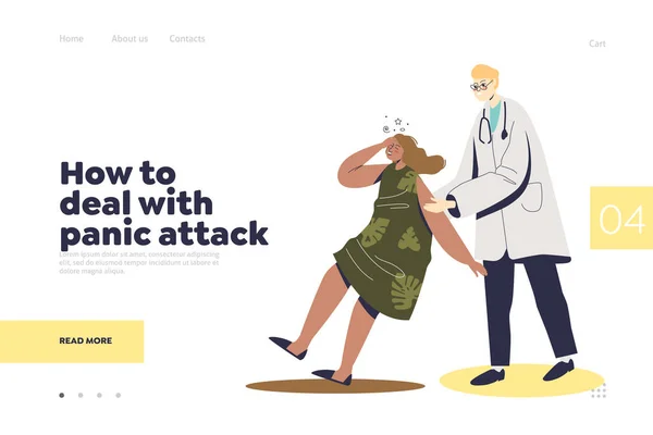 Panic attack dealing concept of landing page with doctor helping fainting female — Stock Vector