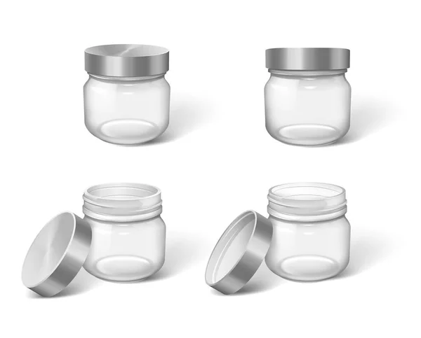Sada realistických plastových nebo skleněných sklenic s kelímky uzavřenými nebo otevřenými pro hydratační krém — Stockový vektor