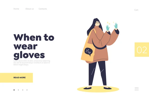 Usar luvas para prevenir a doença vívida conceito de landing page com fêmea em máscara e luvas —  Vetores de Stock