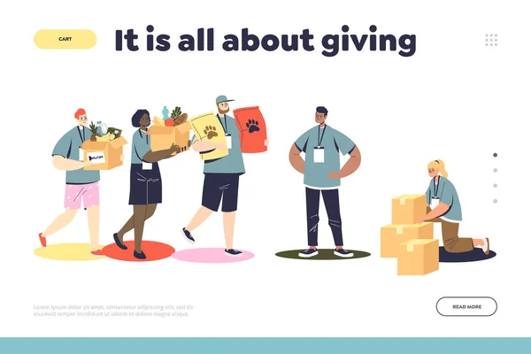 Donatie en liefdadigheid landing page template met jongeren vrijwilligerswerk — Stockvector