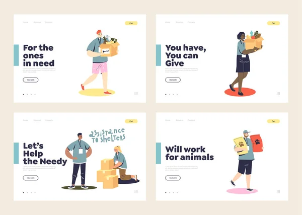 Set di landing page con volontari che fanno donazioni a persone povere e rifugi per animali — Vettoriale Stock