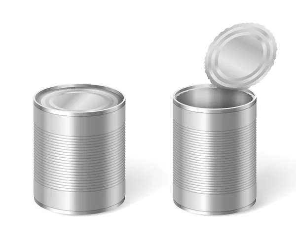 Tincan set. Open and closed metal tin can for canned food storage — Stock Illustration Tincan set. Open and closed metal tin can for canned food storage Vector Graphics