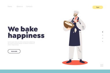 Erkek pastacının hamur işi yaptığı şenlikli etkinlik iniş sayfası için yemek servisi