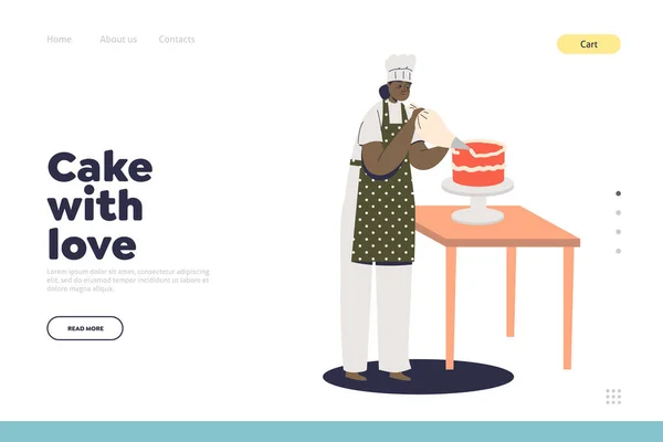 Pastel con amor, servicio de confitería landing page con confitería femenina decoración pastel de vacaciones — Archivo Imágenes Vectoriales