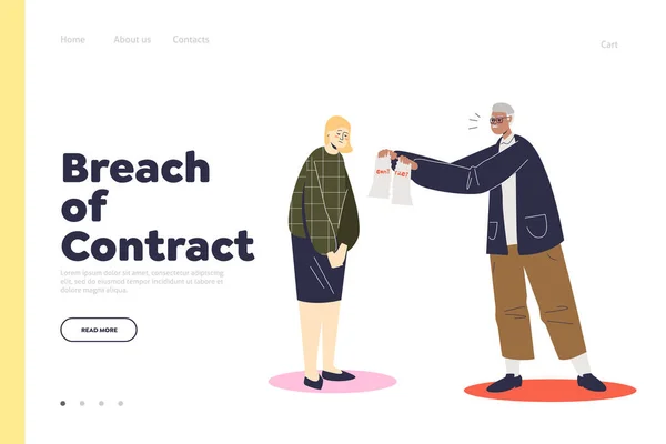 Violación del concepto de contrato de landing page con un empresario rompiendo contrato con una empleada — Archivo Imágenes Vectoriales