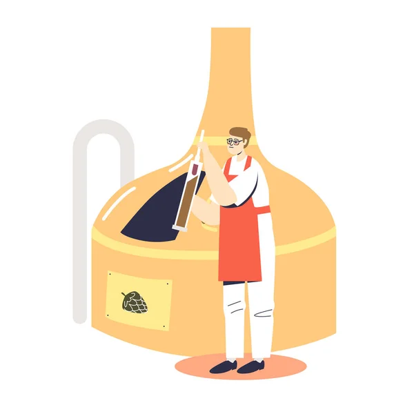 Homem a produzir cerveja. Produção de fábrica de cervejaria: processo de fermentação, fermentação e filtração de mosto — Vetor de Stock