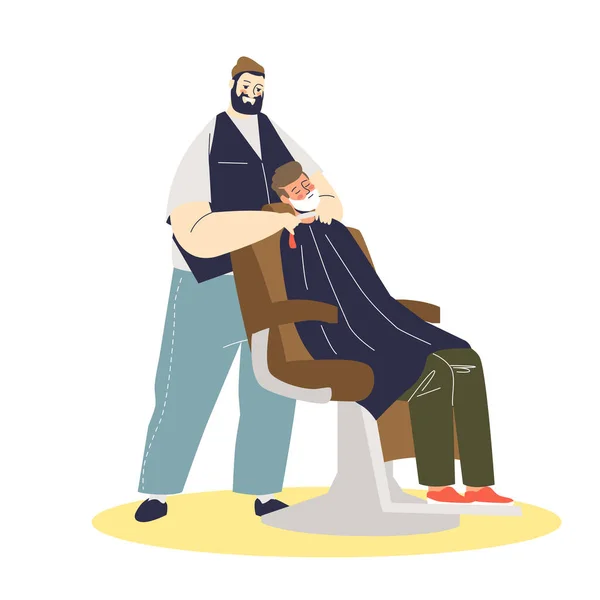 Hipster-Friseur rasiert Kunden Bart in Schaum. Friseur mit Rasiermesser macht stylisches Verfahren — Stockvektor