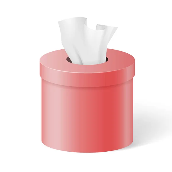 Caja roja redonda con servilletas de papel, pañuelos o pañuelos. maqueta realista sobre fondo blanco — Vector de stock