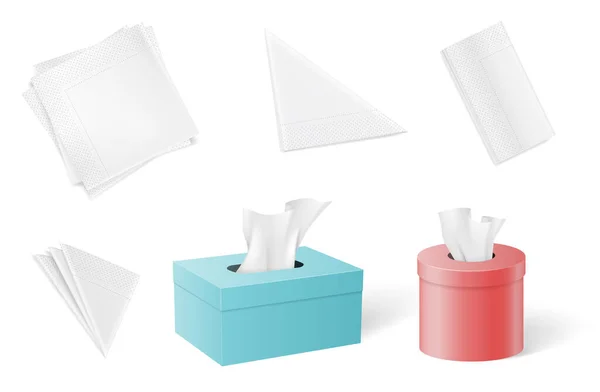 Conjunto de servilletas de papel y tejidos plegados en diferentes formas y dentro de cajas — Vector de stock