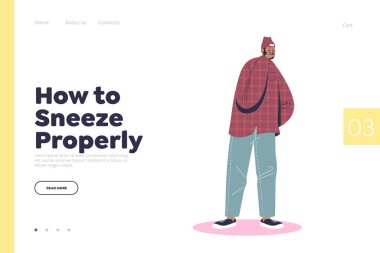 Karikatür adamın öksürdüğü ve yüzün elle örtüldüğü iniş sayfası konseptini iyice hapşır.