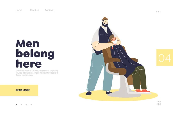 Barbershop υπηρεσία landing page concept με κουρέα ξυρίσματος πελάτες γενειάδα σε αφρό — Διανυσματικό Αρχείο