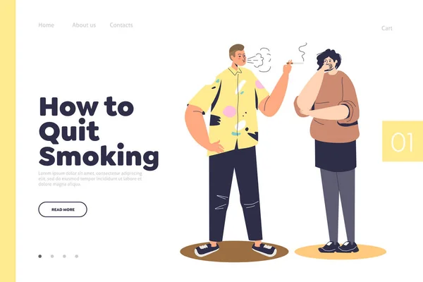 Deje de fumar concepto de página de aterrizaje con el hombre fumando cigarrillo cerca de toser y cubrir la cara mujer — Archivo Imágenes Vectoriales