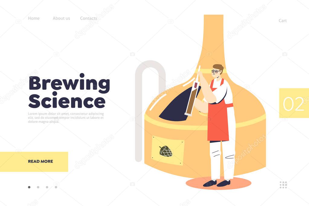 Brewing science landing page concept with man producing beer at brewery factory
