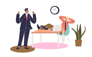 Kızgın patron işyerindeki tembel ofis çalışanına bağırıyor. Bağıran sinirli iş adamı