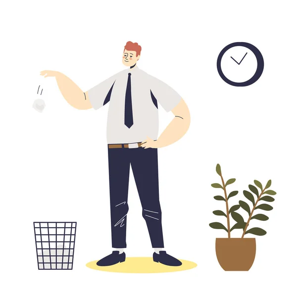 Empresário a atirar papel enrugado para o lixo. Trabalhador ou gerente de escritório de desenhos animados — Vetor de Stock