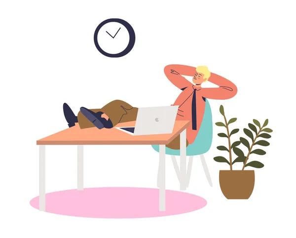 Lata tecknade affärsman tupplur på arbetsplatsen sitter avslappnad på kontoret skrivbord — Stock vektor