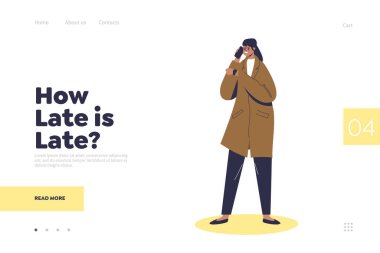 Sinirli iş kadını son iniş sayfası konseptini bekliyor. Geç saatte telefonla suçlayan dakik bir kadın