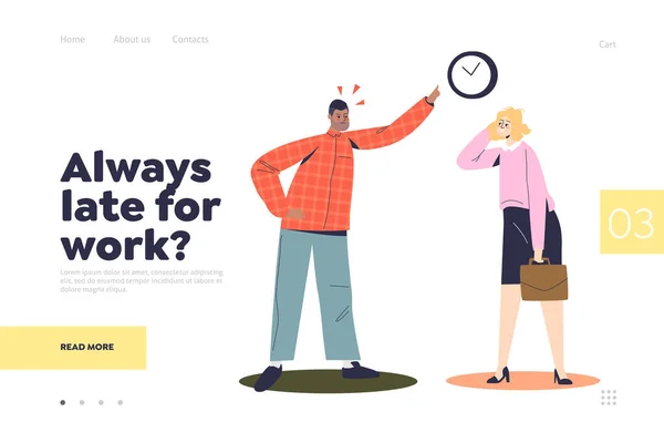Alltid sent för arbete landning sida koncept med affärsman scolding affärskvinna på morgonen — Stock vektor