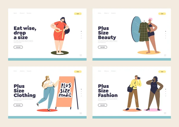 Landing pages com mulheres plus size comprando roupas, perda de peso e modelagem — Vetor de Stock