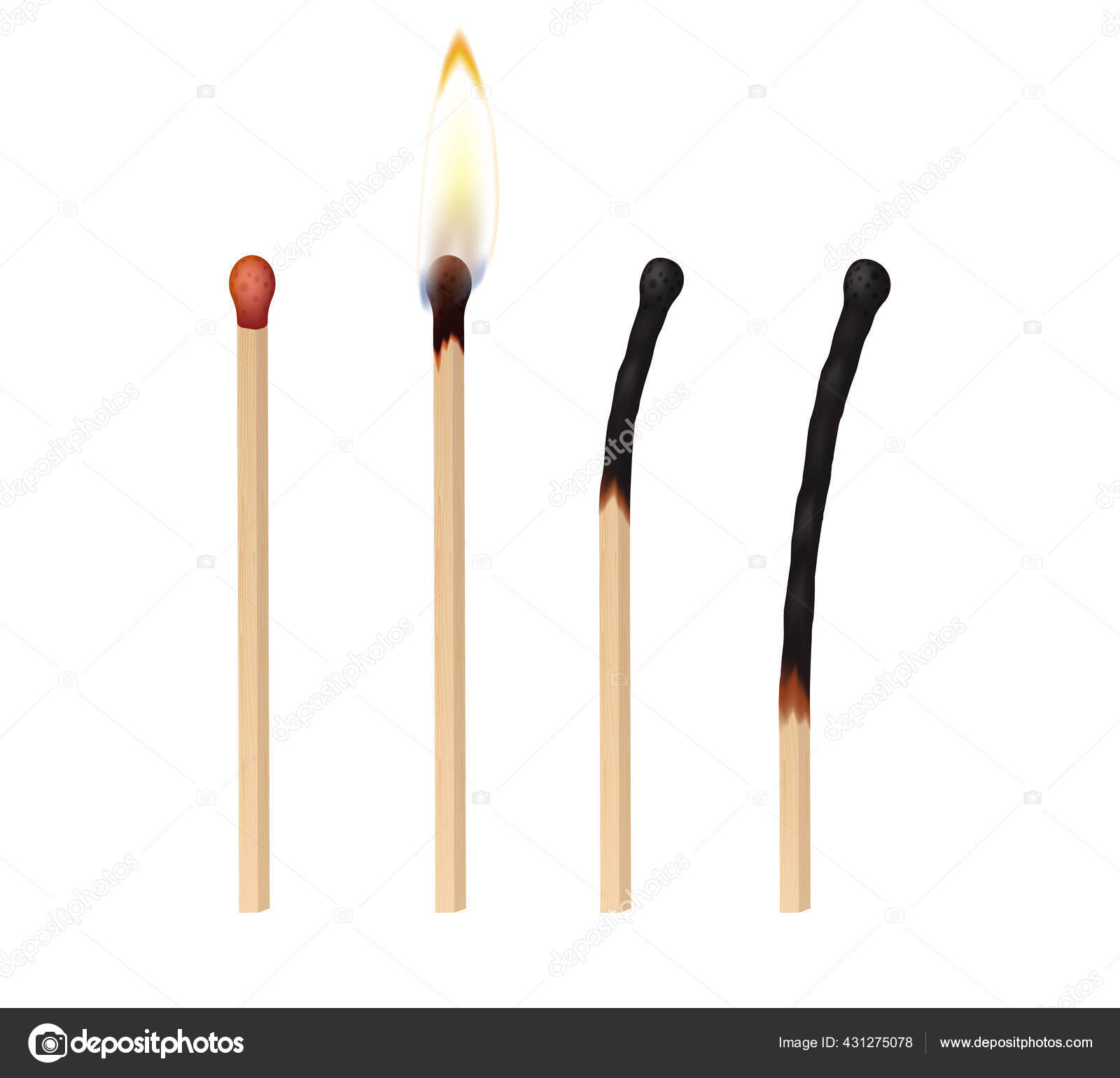 Set of realistic matches: burning, with flame or burnt isolated on