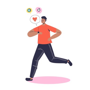 Erkek koşucu koşarken akıllı takip cihazı kullanıyor. Bileklik cihazıyla koşan genç adam