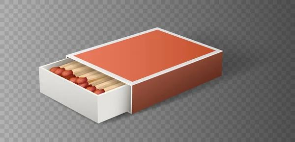 Una caja de cerillas realista. 3d caja de cerillas abierta con cerillas sobre fondo gris — Vector de stock