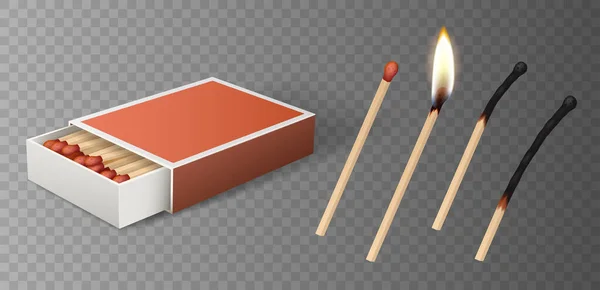 Ensemble d'allumettes : allumette brûlante avec feu, boîte d'allumettes ouverte, allumette brûlée isolée sur gris — Image vectorielle