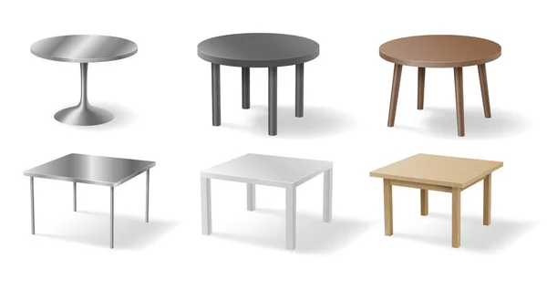 Conjunto de mesas realistas: objeto 3D de metal, plástico o madera aislado sobre fondo blanco — Archivo Imágenes Vectoriales