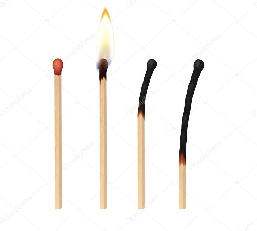 Set of realistic matches: burning, with flame or burnt isolated on white background