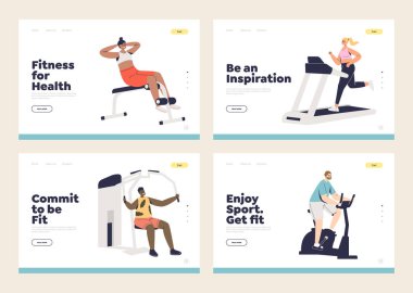 Formda ve sağlıklı insanlarla iniş sayfalarının şablonları egzersiz ve çalışma konsepti