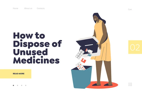 Dispose unused medicines landing page with woman throwing expired medicines to trash — Stock Vector