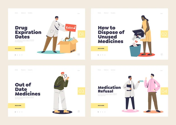 Expired medicines and medical treatment refusal concepts of set of landing pages templates — Stock Vector