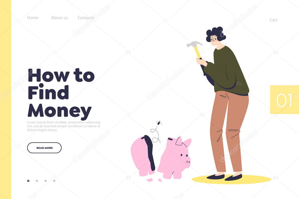 How find money landing page with woman braking empty piggy bank. Financial troubles and poverty