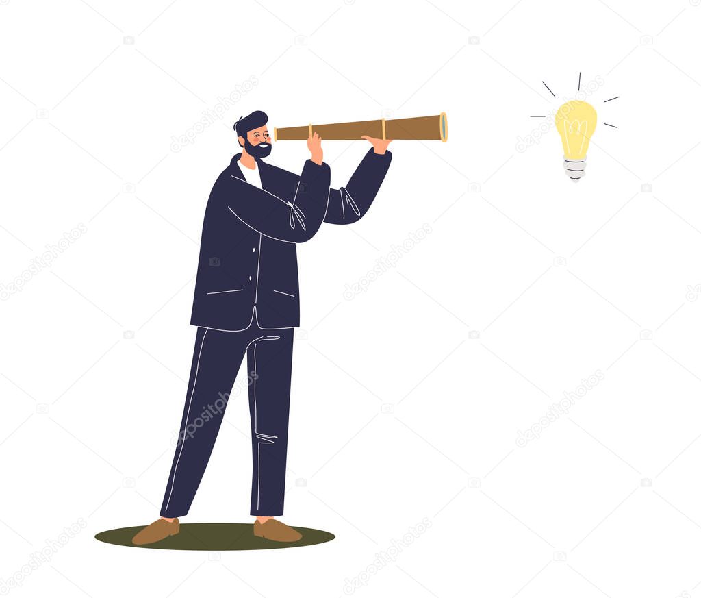 Cartoon businessman looking through spyglass on light bulb, new idea symbol