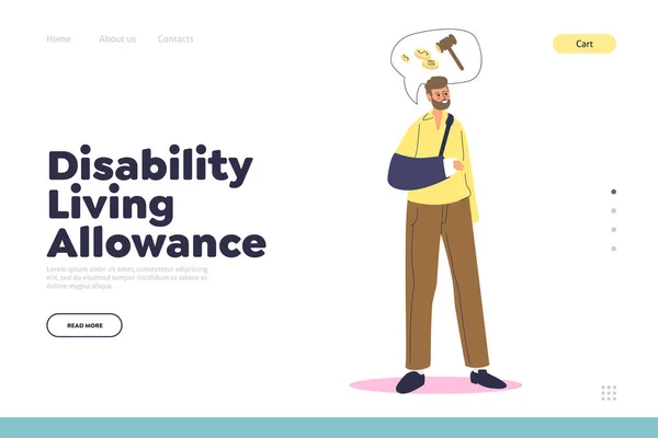 Disability living allowance landing page concept with man with broken arm in bandage — Stock Vector