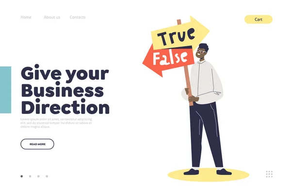 Business riktning begreppet landning sida med affärsman välja mellan sant eller falskt — Stock vektor