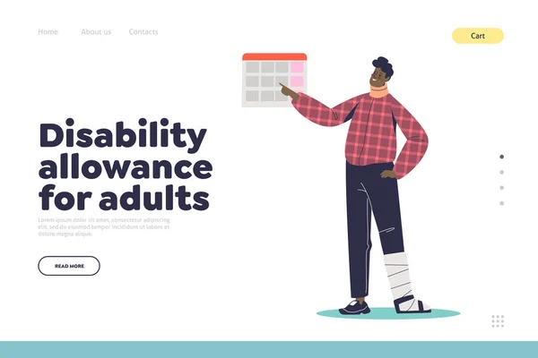 Disability allowance for adults landing page concept with man with injured leg and neck — Stock Vector