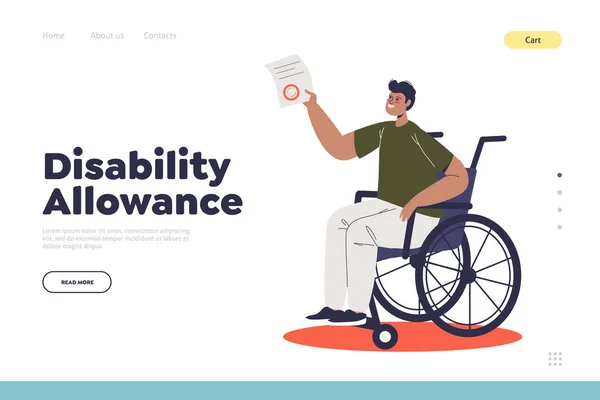 Disability allowance concept of landing page with young man on wheelchair — Stock Vector