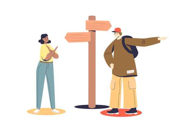 Man en vrouw kiezen richting op kruispunt met pijlen op verkeersbord — Stockvector