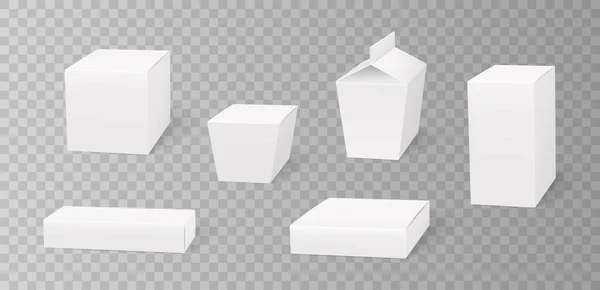 Sada balíčků z bílého kartonu modeluje 3D izolovanou šablonu pro design značky — Stockový vektor