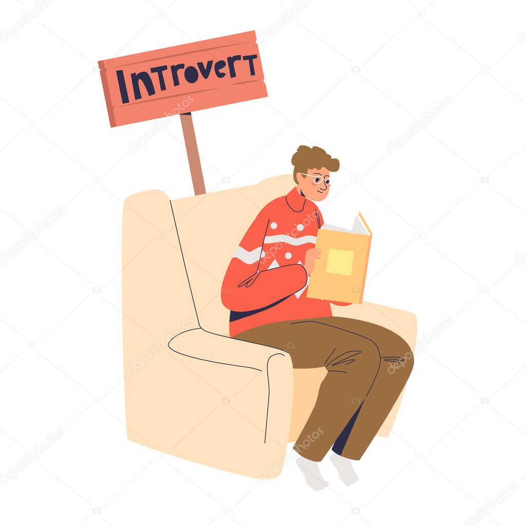 Introvert boy sitting and reading book. Young male with introverted mindset and temperament