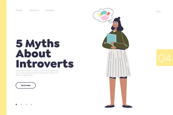 Myth about introverts landing page concept with young girl of introvert type of imagination — Vector de stock