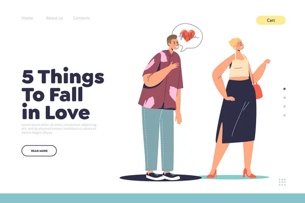 5 dingen om verliefd te worden concept van landing page met cartoon man met romantisch gevoel voor vrouw — Stockvector